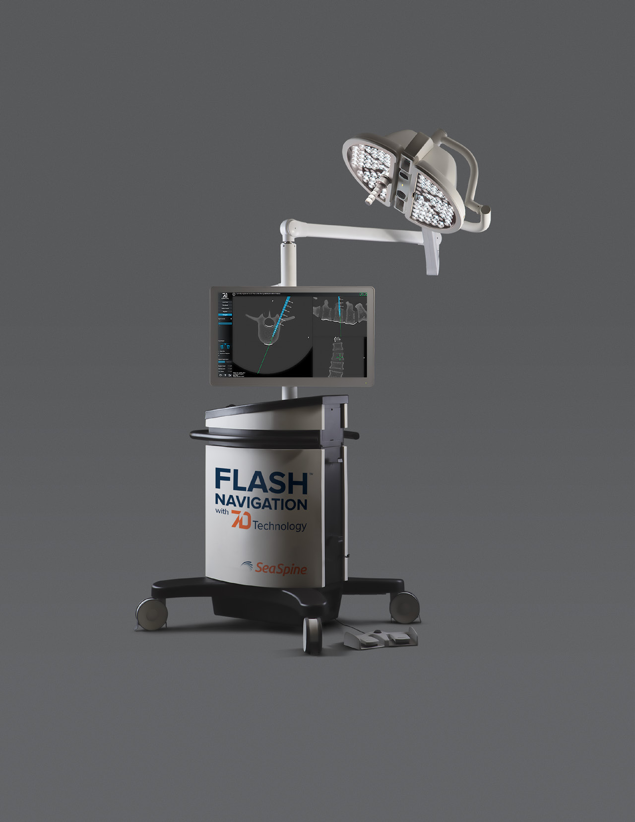 FLASH™ Navigation System cu 7D Technology — platforma mobilă cu corp de iluminat integrat și monitor de navigație (material Orthofix/SeaSpine)